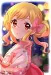  :o aikatsu!_(series) aikatsu_stars! blonde_hair blurry blurry_background blush bow depth_of_field floral_print from_side gradient_hair hair_bow highres japanese_clothes kimono looking_at_viewer multicolored_hair nijino_yume orange_eyes parted_lips pink_bow pink_kimono sekina short_hair solo upper_body 