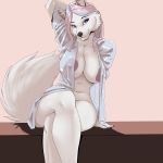  anthro bottomless breasts canine clothed clothing crimsoncanine female looking_at_viewer mammal nipple_bulge open_shirt sitting smile solo wide_hips 