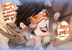  1girl 4boys brown_hair censored gloves goggles looking_at_viewer multiple_boys multiple_penises one_eye_closed open_mouth overwatch penis speech_bubble tongue tracer_(overwatch) v wink 