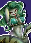  abs bikini boa_sandersonia breasts clothed clothing female green_hair hair looking_at_viewer naga non-mammal_breasts one_piece reptile scalie snake snake_humanoid solo swimsuit tongue tongue_out yellow_eyes 