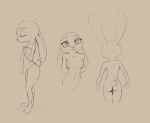  anthro breasts butt disney ears_down ears_up erect_nipples eyes_closed female fist front_view hands_behind_back judy_hopps lagomorph long_ears mammal monochrome naked_towel nipples nude qrog rabbit rear_view short_tail side_view simple_background sketch sketch_page solo tan_background towel wet zootopia 