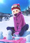  1girl abo_(kawatasyunnnosukesabu) bare_tree beanie black_pants blush butterfly_sitting commentary_request day feet_together gloves goggles goggles_on_head hands_on_feet hat highres original outdoors pants pine_tree purple_coat purple_gloves red_eyes red_hat shoes sitting_on_ground smile snow snowboard snowman solo translation_request tree white_hair winter winter_clothes 