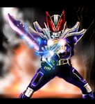  bad_id bad_pixiv_id belt electricity kamen_rider kamen_rider_den-o_(series) kamen_rider_new_den-o letterboxed looking_at_viewer male_focus nof solo sword weapon 