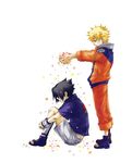  bad_id bad_pixiv_id bandages black_hair blonde_hair blue_eyes confetti hair_over_eyes leg_hug male_focus multiple_boys naruto naruto_(series) oda_(ok3110) profile sandals simple_background sitting spiked_hair standing toes uchiha_sasuke uzumaki_naruto wristband 