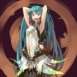  :d aqua_eyes aqua_hair armpits arms_behind_head arms_up center_opening eyelashes hatsune_miku hatsune_miku_(append) headphones headphones_around_neck long_hair navel necktie open_mouth shihou_(g-o-s) smile solo thighhighs twintails very_long_hair vocaloid vocaloid_append zettai_ryouiki 