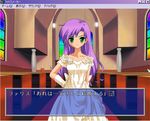  blush bride doseki_udon dress fake_screenshot faris_scherwiz final_fantasy final_fantasy_v gloves green_eyes long_hair lowres parody princess_maker purple_hair solo translated visual_novel wedding_dress 