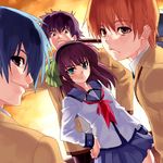  3boys angel_beats! blue_hair brown_eyes green_eyes hand_on_hip hinata_(angel_beats!) multiple_boys noda_(angel_beats!) oekaki orange_hair otonashi_(angel_beats!) purple_eyes purple_hair school_uniform serafuku short_hair yuri_(angel_beats!) zen 