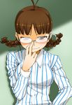  adjusting_eyewear akitsuki_itsuki akizuki_ritsuko braid brown_hair glasses idolmaster idolmaster_(classic) solo twin_braids 
