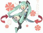  &gt;_&lt; 1girl :d aqua_eyes aqua_hair closed_eyes detached_sleeves directional_arrow gloom_(expression) hatsune_miku headphones headset long_hair necktie open_mouth shiteyan'yo skirt smile solo spinning thighhighs twintails very_long_hair vocaloid xd yokoru 