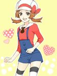  brown_eyes brown_hair em_(tegaki) happy hat heart kotone_(pokemon) overalls pokemon pokemon_(game) pokemon_hgss ribbon short_twintails smile solo tegaki thighhighs twintails 