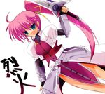  arm_guards blue_eyes cropped_jacket fingerless_gloves gloves hair_ribbon jacket levantine long_hair lyrical_nanoha magical_girl mahou_shoujo_lyrical_nanoha mahou_shoujo_lyrical_nanoha_a's mahou_shoujo_lyrical_nanoha_strikers open_clothes open_jacket pink_hair ponytail ribbon signum solo sword waist_cape weapon 