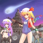  armor assault_rifle backpack bad_id bad_pixiv_id bag blonde_hair bow crescent fallout fallout_3 flandre_scarlet gem gun hair_bow hakurei_reimu hat long_hair multiple_girls name_tag one-piece_swimsuit parody patchouli_knowledge pip_boy purple_eyes purple_hair randoseru red_eyes rifle school_swimsuit short_hair side_ponytail spikes sumapan swimsuit touhou trigger_discipline ufo vault_boy weapon wings 