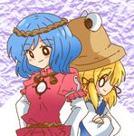  blonde_hair blue_hair eromame eyes hat lowres moriya_suwako multiple_girls short_hair touhou yasaka_kanako 