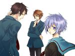  2boys bad_id bad_pixiv_id brown_hair closed_eyes kira_(abyss) kita_high_school_uniform koizumi_itsuki kyon looking_back multiple_boys nagato_yuki purple_eyes school_uniform serafuku suzumiya_haruhi_no_yuuutsu wallpaper 