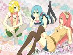  aqua_eyes aqua_hair bad_id bad_pixiv_id blonde_hair casual crossed_legs flower hair_flower hair_ornament hair_ribbon hairband hatsune_miku highres jewelry kagamine_rin legs long_hair lying megurine_luka monaco_(rmn02) multiple_girls necklace on_stomach ribbon short_hair sitting thighhighs twintails vocaloid zettai_ryouiki 