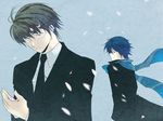  blue_eyes blue_hair blue_scarf brown_hair formal glasses highres hiyama_kiyoteru kaito male_focus mouri multiple_boys scarf suit vocaloid 