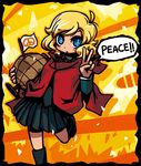  blonde_hair blue_eyes cape flag globe hood metal_gear_(series) metal_gear_solid_peace_walker paz_ortega_andrade peace_symbol riyo_(lyomsnpmp) skirt solo symbol-shaped_pupils v 