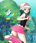  beanie blue_eyes blue_hair boots day forest gen_4_pokemon hair_ornament hairclip hat highres hikari_(pokemon) holding holding_poke_ball kaworu midriff miniskirt nature outdoors pink_footwear piplup poke_ball poke_ball_(generic) pokemon pokemon_(creature) pokemon_(game) skirt smile tank_top thighs tree 