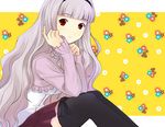  bad_id bad_pixiv_id black_legwear bow breasts dress flower hairband idolmaster idolmaster_(classic) large_breasts long_hair onion_(lemlaml) pleated_skirt red_eyes shijou_takane silver_hair skirt solo thighhighs zettai_ryouiki 