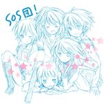  3girls asahina_mikuru bad_id bad_pixiv_id blue closed_eyes itsuki_yuu kita_high_school_uniform koizumi_itsuki kyon monochrome multiple_boys multiple_girls nagato_yuki one_eye_closed school_uniform serafuku simple_background sketch suzumiya_haruhi suzumiya_haruhi_no_yuuutsu white_background 