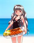  bad_id bad_pixiv_id beach casual_one-piece_swimsuit day hairband idolmaster idolmaster_(classic) innertube long_hair one-piece_swimsuit polka_dot red_eyes seiryuu_(blue_dragon) shijou_takane silver_hair solo swimsuit 