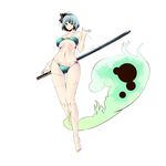  bad_anatomy bad_perspective barefoot bikini breasts curvy flower from_below full_body highres katana konpaku_youmu konpaku_youmu_(ghost) legs long_legs medium_breasts navel o-ring o-ring_top older shinoi simple_background solo strapless swimsuit sword touhou underboob weapon wide_hips 