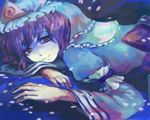  bad_id bad_pixiv_id blue hat lowres lying metorox_(caco) petals saigyouji_yuyuko smile solo touhou 