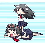  :&lt; black_eyes black_hair blush_stickers flower hair_flower hair_ornament head_wreath long_hair moja_(gibson) multiple_girls o_o one_eye_closed parody pleated_skirt riding rockman sakugawa_school_uniform saten_ruiko school_uniform serafuku short_hair skirt to_aru_kagaku_no_railgun to_aru_majutsu_no_index uiharu_kazari 