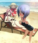  ^_^ ayane_ichijou barefoot beach bikini blue_hair blush breasts chair closed_eyes day front-tie_top game_cg glasses large_breasts leaning_forward legs lens_flare lounge_chair lying multiple_girls nagakura_sayo namaniku_atk on_side one-piece_swimsuit ootori_kanae_(soukou_akki_muramasa) pince-nez pink_hair school_swimsuit short_hair side-tie_bikini smile soukou_akki_muramasa sunlight swimsuit water wide_hips 