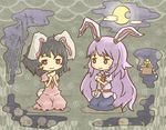  akihiyo animal_ears bamboo black_hair bunny_ears bunny_tail chibi crescent_moon eating food inaba_tewi kneeling long_hair moon multiple_girls purple_hair red_eyes reisen_udongein_inaba short_hair tail touhou 