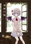  adapted_costume bat_wings blue_hair chain hat pointy_ears red_eyes remilia_scarlet short_hair sitting sitting_in_window solo touhou window wings wrist_cuffs yatosaki_haru 