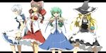  apron between_fingers breast_grab brown_hair dagger gohei grabbing hair_tubes hakurei_reimu hat izayoi_sakuya kirisame_marisa kochiya_sanae kurosu_(masaru) long_hair looking_at_viewer multiple_girls silver_hair simple_background touhou very_long_hair waist_apron weapon white_background witch_hat 