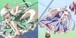  album_cover bad_id bad_pixiv_id cover dress dual_persona ex-keine hat ippaiccha kamishirasawa_keine long_hair multiple_girls red_eyes ribbon smile squatting symmetry torn_clothes touhou white_hair 