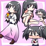  =_= alternate_costume alternate_hairstyle black_eyes black_hair blush blush_stickers censored dress drink flower hair_flower hair_ornament long_hair moja_(gibson) nude sakugawa_school_uniform sandals saten_ruiko school_uniform serafuku shorts sipping solo to_aru_kagaku_no_railgun to_aru_majutsu_no_index twintails 