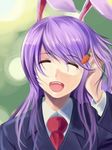  animal_ears bad_id bad_pixiv_id blazer bunny_ears carrot carrot_hair_ornament closed_eyes face food_themed_hair_ornament hair_ornament hairclip jacket long_hair moss_(sphere211) necktie open_mouth portrait purple_hair red_neckwear reisen_udongein_inaba smile solo touhou 