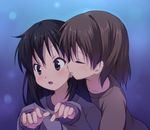  alternate_hairstyle black_eyes black_hair brown_hair closed_eyes hair_down hirasawa_ui k-on! kiss long_hair multiple_girls nakano_azusa pajamas senji_(tegone_spike) short_hair surprise_kiss surprised yuri 