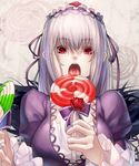  bad_id bad_pixiv_id candy food hairband lollipop long_hair npa_(sirokurokuma) open_mouth red_eyes rozen_maiden silver_hair solo suigintou swirl_lollipop tongue wings 