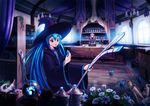  blue_eyes blue_hair book bookshelf bug butterfly chandelier counter flower hat hatsune_miku highres hirohito_(pi0421) insect long_hair megurine_luka multiple_girls necktie open_mouth pink_hair twintails very_long_hair vocaloid window witch_hat 