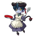  alternate_costume apron astaroth_(shinrabanshou) black_sclera blue_skin chibi earrings enmaided frying_pan heart heart_earrings horns jewelry maid non-web_source shinrabanshou solo tail 