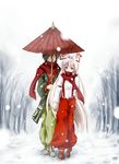  1girl bow brown_hair chaigidhiell couple faceless faceless_male fujiwara_no_mokou hair_bow hair_ribbon hetero highres holding holding_umbrella japanese_clothes kimono long_hair oriental_umbrella ribbon shared_umbrella silver_hair snow suspenders touhou umbrella 