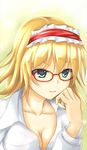  alice_margatroid bespectacled blonde_hair blue_eyes breasts cleavage dacho glasses hairband large_breasts shirt short_hair solo touhou white_shirt 
