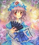  acrylic_paint_(medium) bad_id bad_pixiv_id blush brown_hair bug butterfly cherry_blossoms fan folding_fan hat insect mameberry marker_(medium) petals red_eyes saigyouji_yuyuko smile solo touhou traditional_media veil 