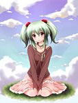 ayase_midori between_thighs choker cloud day field full_body grass green_hair hair_bobbles hair_ornament heart long_sleeves original outdoors own_hands_together short_hair sitting skirt sky smile solo twintails v_arms wariza 
