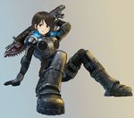  arm_up armor blush brown_eyes brown_hair chainsaw full_body gears_of_war grey_background kiharatotsunori knees_up lancer_(weapon) long_hair short_hair simple_background solo spread_legs weapon 