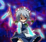  braid danmaku eromame izayoi_sakuya knife lowres maid maid_headdress red_eyes silver_hair solo touhou twin_braids 