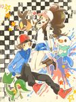  1girl :&lt; artist_request baseball_cap boots brown_hair gen_5_pokemon hat jacket oshawott pokemon pokemon_(creature) pokemon_(game) pokemon_bw ponytail shoes shorts sneakers snivy tegaki tepig touko_(pokemon) touya_(pokemon) vest 