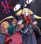  1girl amiba bat blazblue blonde_hair bow cat dress frills gameplay_mechanics gii headband highres hokuto_no_ken long_hair muscle nago rachel_alucard red_bow red_eyes rekise ribbon sweat twintails 