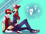  1girl bad_id bad_pixiv_id baseball_cap black_hair brown_eyes brown_hair couple girl_on_top hat hat_ribbon heart hetero holding holding_poke_ball kotone_(pokemon) master_ball overalls pixiv_red poke_ball pokemon pokemon_(game) pokemon_hgss rahiko red_(pokemon) red_(pokemon_rgby) red_eyes red_ribbon ribbon short_twintails thighhighs twintails 