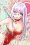 bare_shoulders breasts gintama glasses hand_on_hip itou_kaeru large_breasts leash leotard long_hair open_mouth red_leotard sarutobi_ayame shirt silver_hair skin_tight solo taut_clothes taut_shirt 