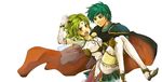  1girl blush boots cape carrying couple elbow_gloves ephraim fire_emblem fire_emblem:_seima_no_kouseki gloves green_eyes green_hair hetero highres l'arachel ponytail princess_carry short_hair sumeragi_(black_rose) thigh_boots thighhighs 